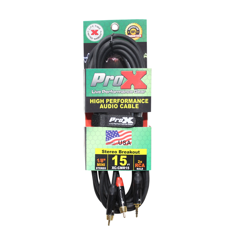 ProX XC-CMR15 Unbalanced 1/8" Mini TRS-M to Dual RCA-M High Performance Audio Cable - 15 Ft