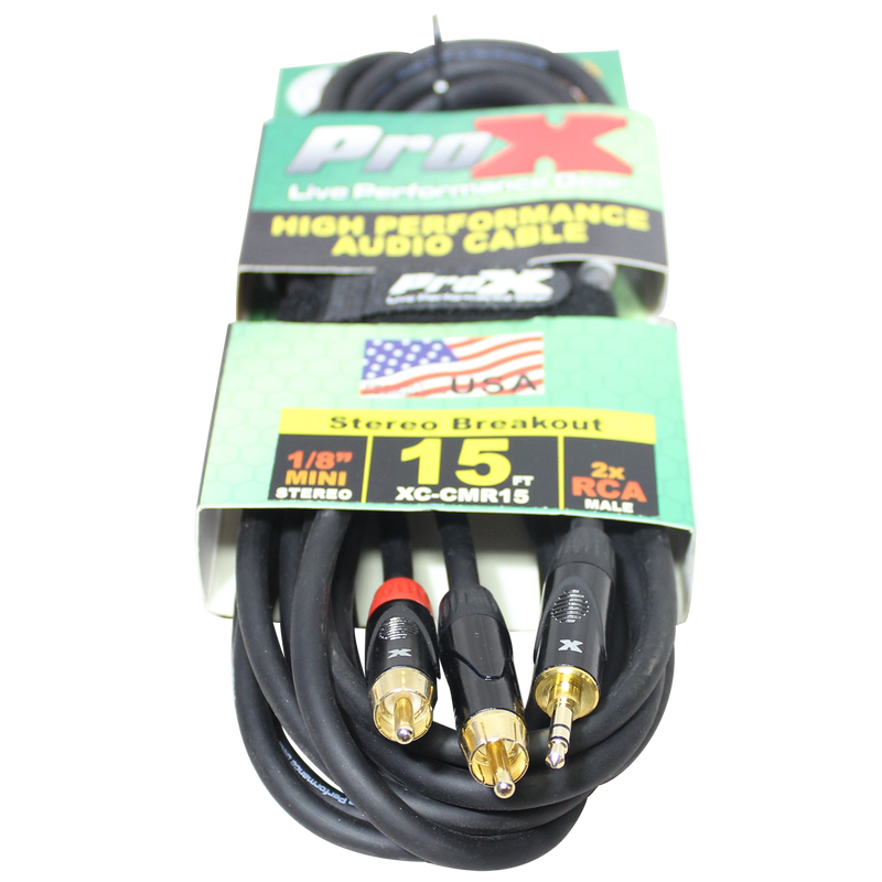 ProX XC-CMR15 Unbalanced 1/8" Mini TRS-M to Dual RCA-M High Performance Audio Cable - 15 Ft