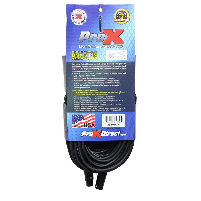 ProX XC-DMX100 100 Ft. DMX XLR3-M to XLR3-F High Performance Cable