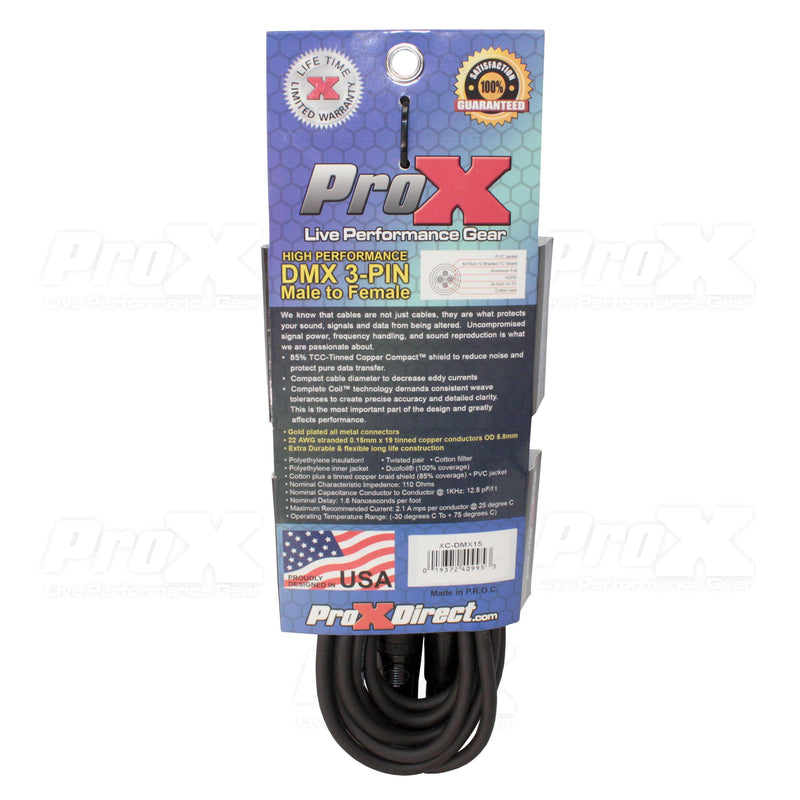 ProX XC-DMX15 15 Ft. DMX XLR3-M to XLR3-F High Performance Cable