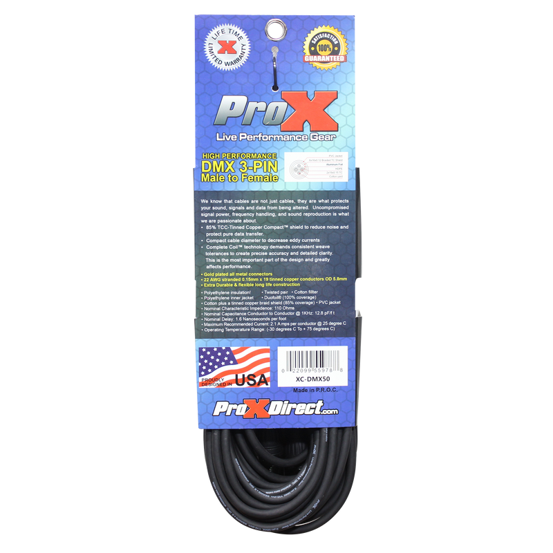 ProX XC-DMX03 50 Ft. DMX XLR3-M to XLR3-F High Performance Cable