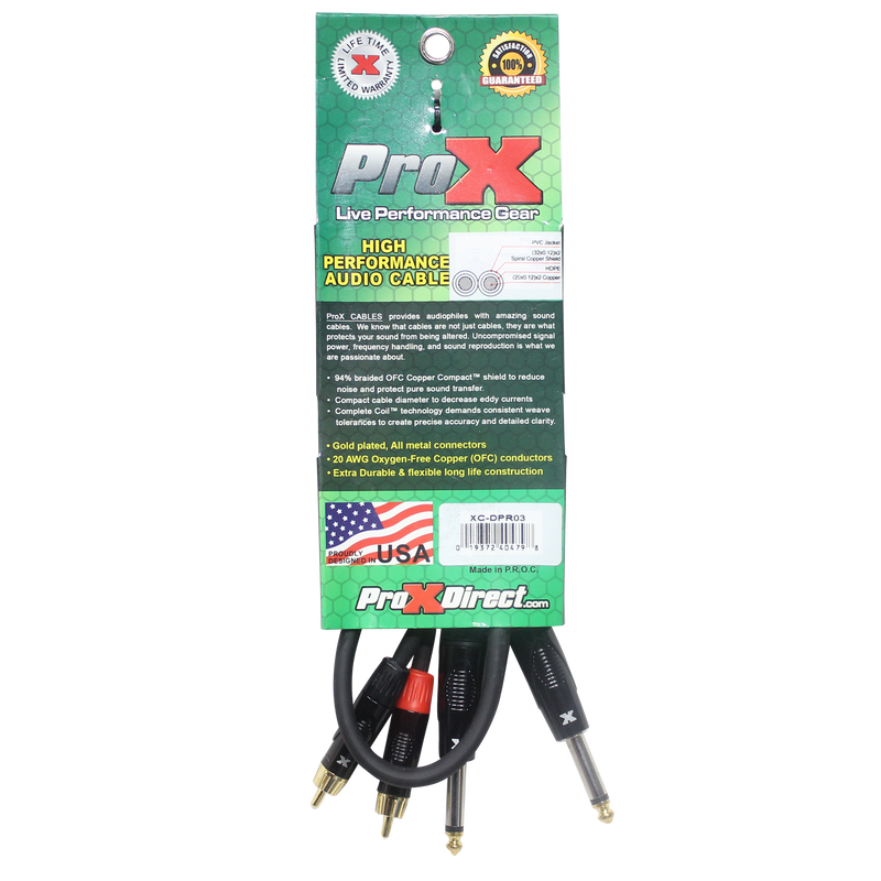 ProX XC-DPR03 3 Ft. Unbalanced Dual 1/4" TS-M to Dual RCA-M High Performance Audio Cable