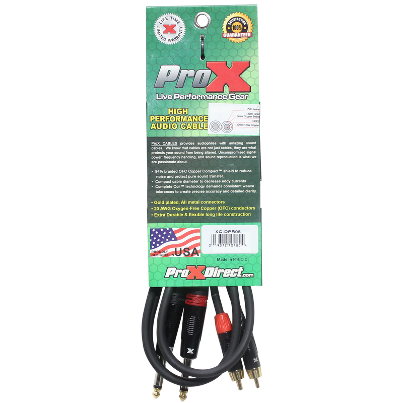 ProX XC-DPR05 5 Ft. Unbalanced Dual 1/4" TS-M to Dual RCA-M High Performance Audio Cable