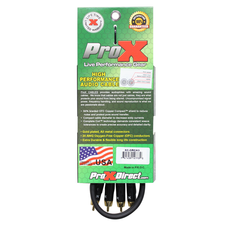 ProX XC-DRCA3 3 Ft. Unbalanced Dual RCA-M to Dual RCA-M High Performance Audio Cable