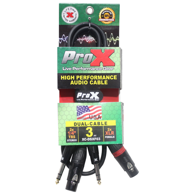 ProX XC-DSXF03 3 pi. Câble audio symétrique double 1/4" TRS-M vers double XLR3-F haute performance
