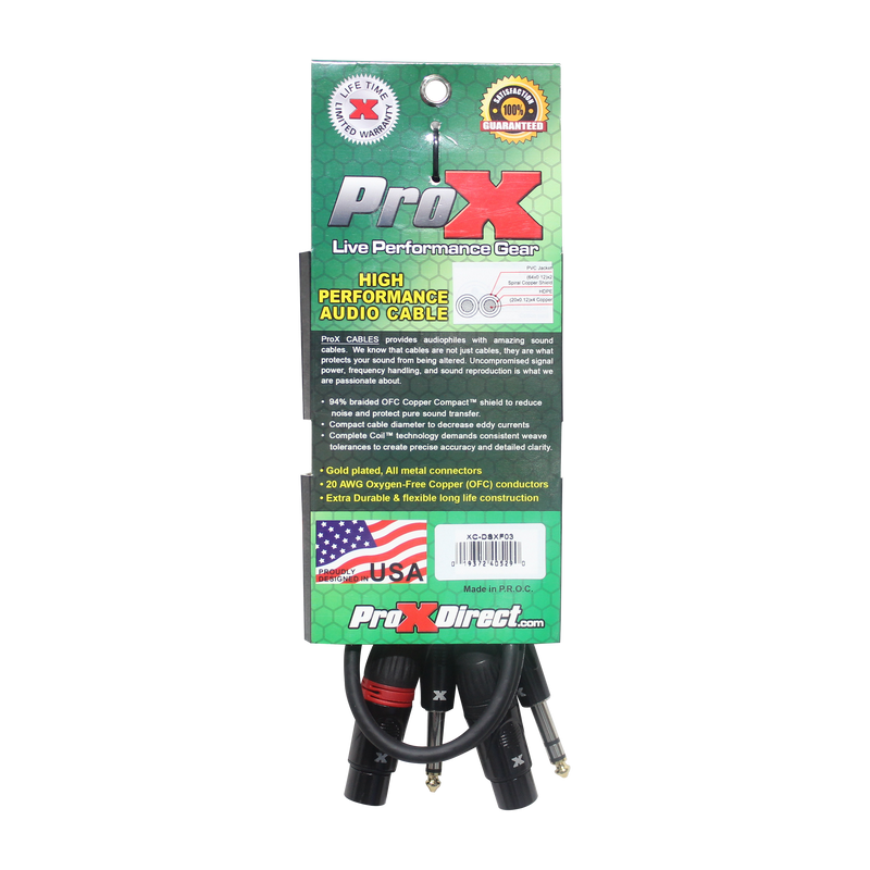 ProX XC-DSXF03 3 Ft. Balanced Dual 1/4" TRS-M to Dual XLR3-F High Performance Audio Cable