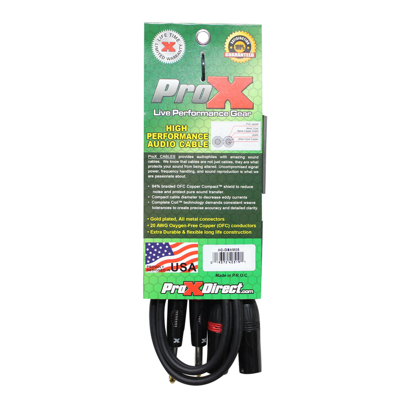 ProX XC-DSXM05 5 pi. Câble audio symétrique double 1/4" TRS-M vers double XLR3-M haute performance