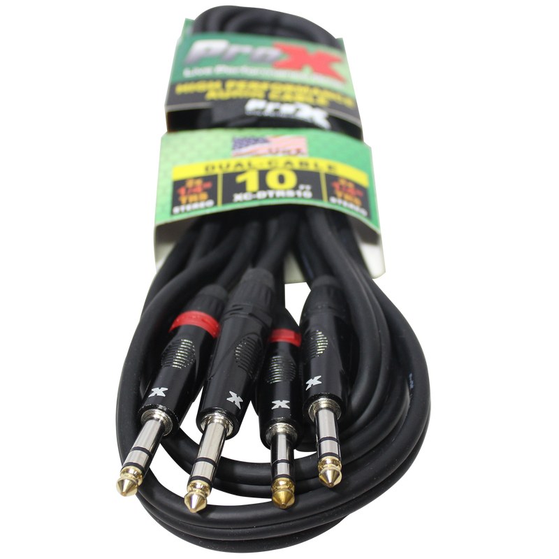 ProX XC-DTRS10 Balanced Dual 1/4" TRS to Dual 1/4" TRS High Performance Audio Cable - 10 Ft.