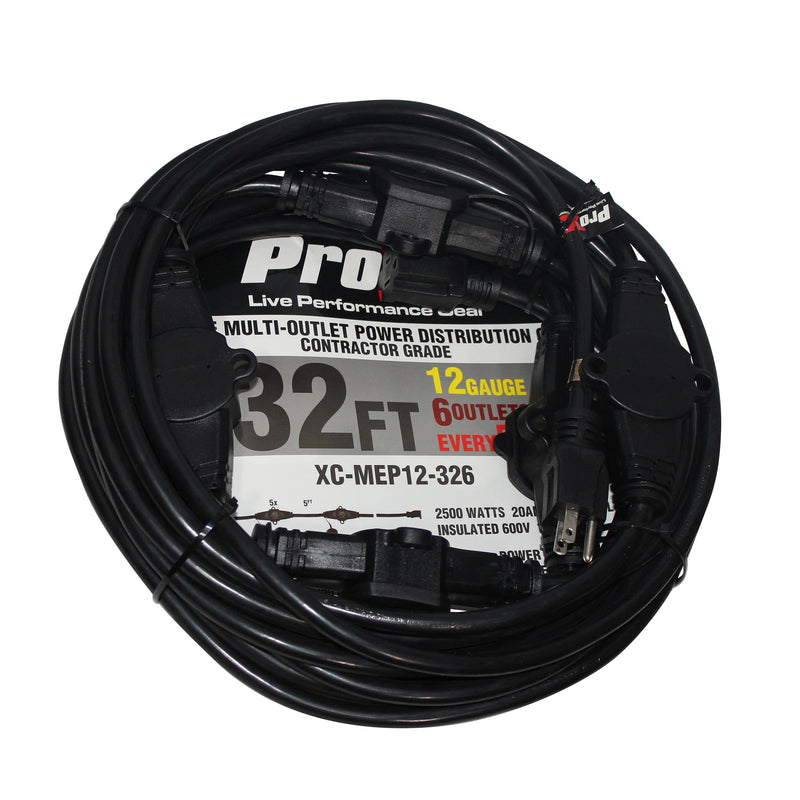 ProX XC-MEP12-326 120VAC NEMA 15 Male to 6 Socket Female Power-Extension Cord 12-3 AWG (Black) - 32 Ft.