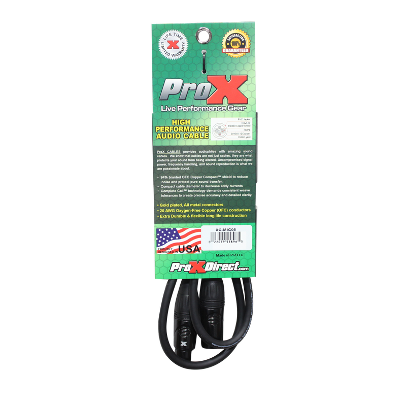 ProX XC-MIC05 5 pi. Câble de microphone haute performance XLR-F vers XLR-M symétrique