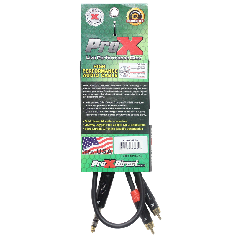 ProX XC-SYR03 Unbalanced 1/4" TRS-M to Dual RCA-M High Performance Audio Cable - 3 Ft.