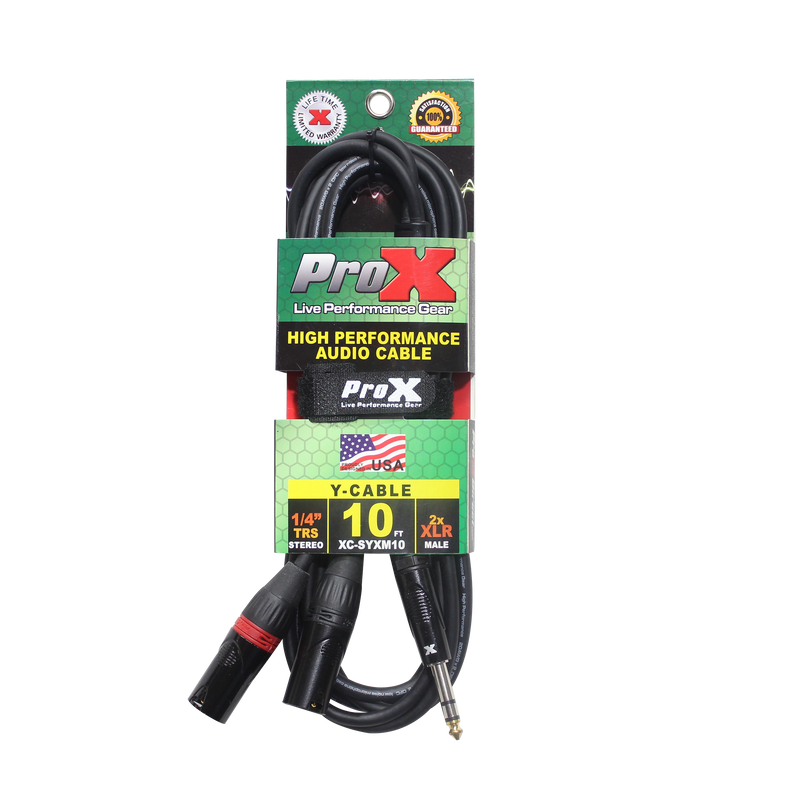 ProX XC-SYXM10 10 Ft. High Performance Y Cable 1/4" TRS-M Stereo to Dual XLR3-M