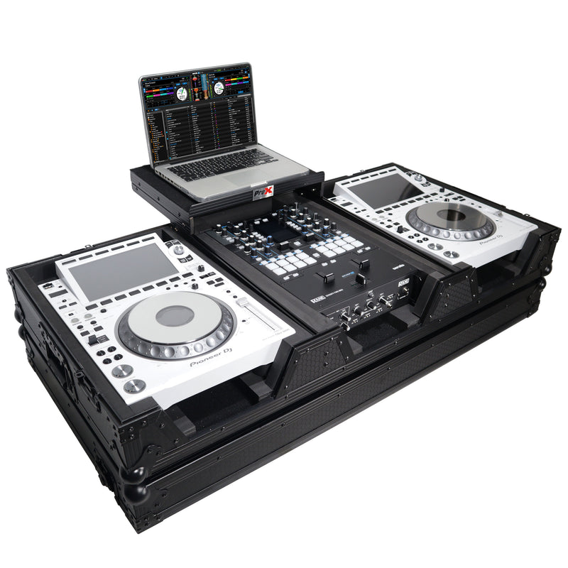 Prox XS-CDM3000WLTBL DJ COFIC COFIN POUR Pioneer 2x CDJ-3000 CD et DJM-900NXS2 Mixer avec roues et étagère pour ordinateur portable (noir sur noir)