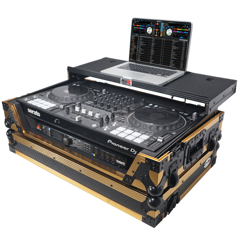 ProX XS-DDJ1000WLTFGLDLED ATA Flight Case pour contrôleur DJ Pioneer DDJ-1000 FLX6 SX3 avec espace rack 1U, roulettes pour ordinateur portable et LED (or noir)