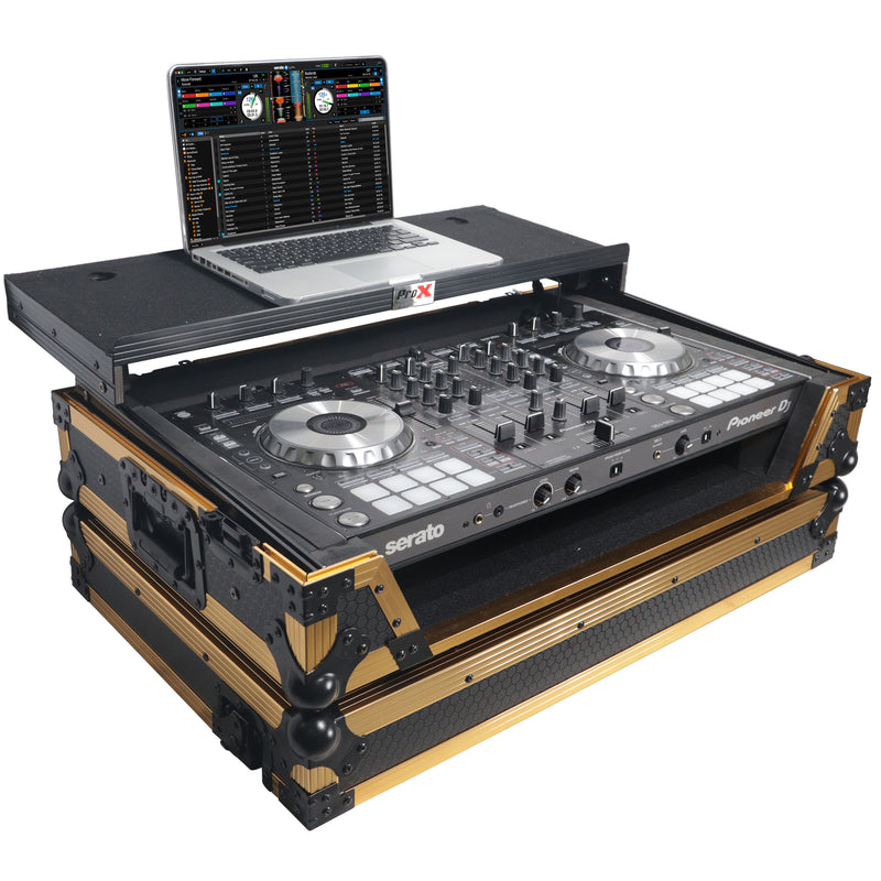 ProX XS-DDJ1000WLTFGLDLED ATA Flight Case for Pioneer DDJ-1000 FLX6 SX3 DJ Controller w/1U Rack Space Laptop Shelf Wheels and LED (Gold Black)