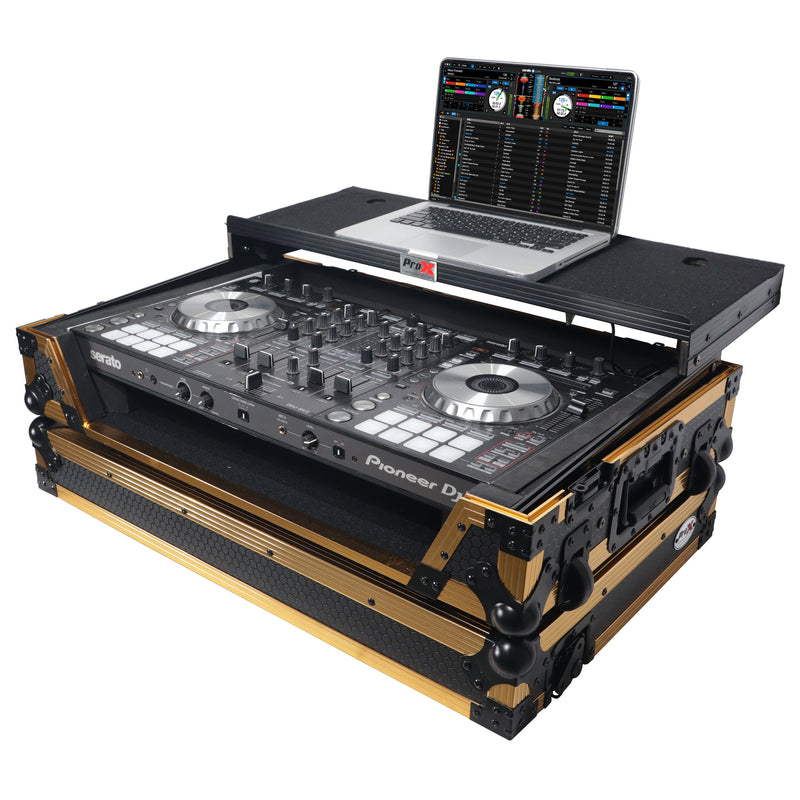 ProX XS-DDJ1000WLTFGLDLED ATA Flight Case for Pioneer DDJ-1000 FLX6 SX3 DJ Controller w/1U Rack Space Laptop Shelf Wheels and LED (Gold Black)