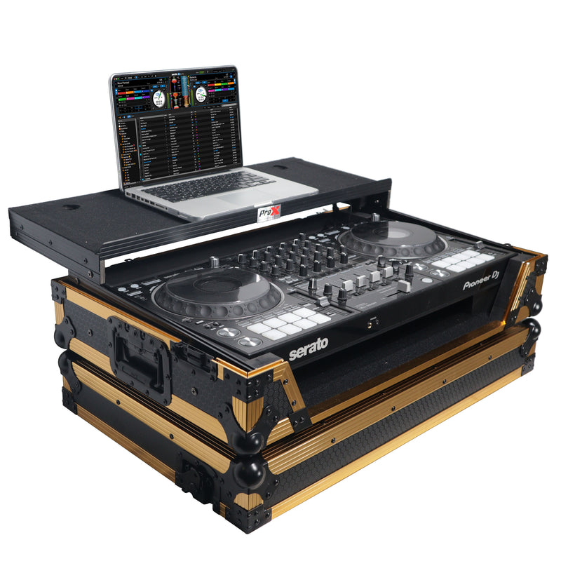 ProX XS-DDJ1000WLTFGLDLED ATA Flight Case for Pioneer DDJ-1000 FLX6 SX3 DJ Controller w/1U Rack Space Laptop Shelf Wheels and LED (Gold Black)