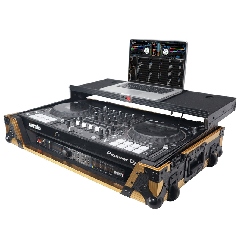 ProX XS-DDJ1000WLTFGLDLED ATA Flight Case for Pioneer DDJ-1000 FLX6 SX3 DJ Controller w/1U Rack Space Laptop Shelf Wheels and LED (Gold Black)