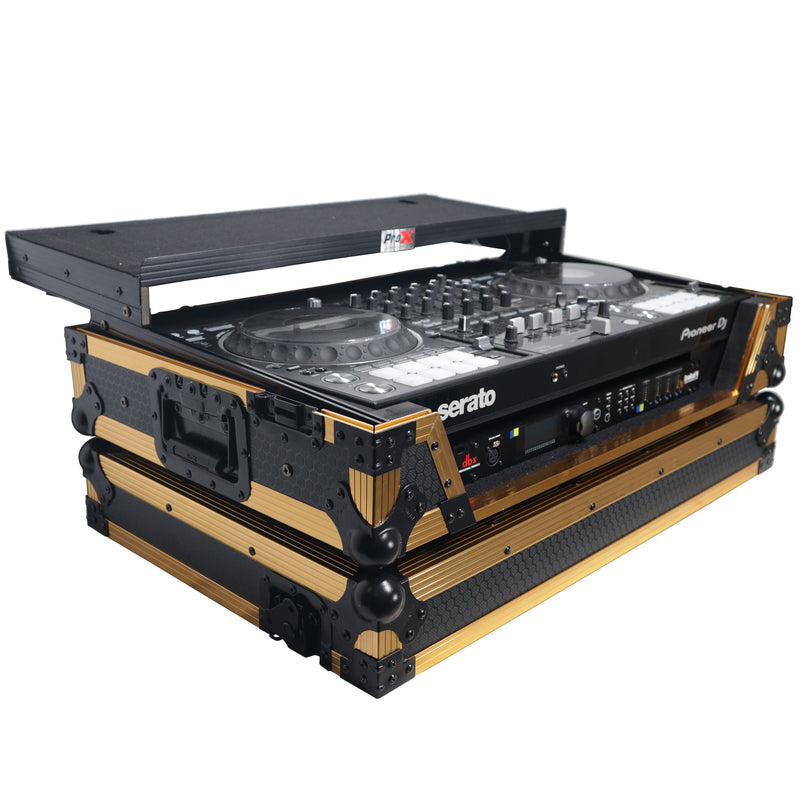 ProX XS-DDJ1000WLTFGLDLED ATA Flight Case pour contrôleur DJ Pioneer DDJ-1000 FLX6 SX3 avec espace rack 1U, roulettes pour ordinateur portable et LED (or noir)