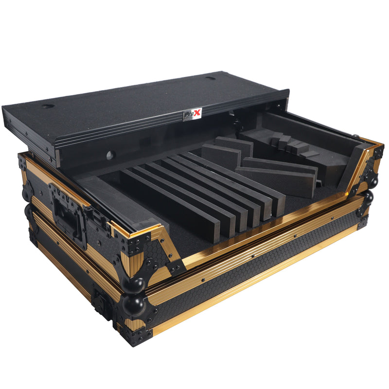 ProX XS-DDJ1000WLTFGLDLED ATA Flight Case for Pioneer DDJ-1000 FLX6 SX3 DJ Controller w/1U Rack Space Laptop Shelf Wheels and LED (Gold Black)