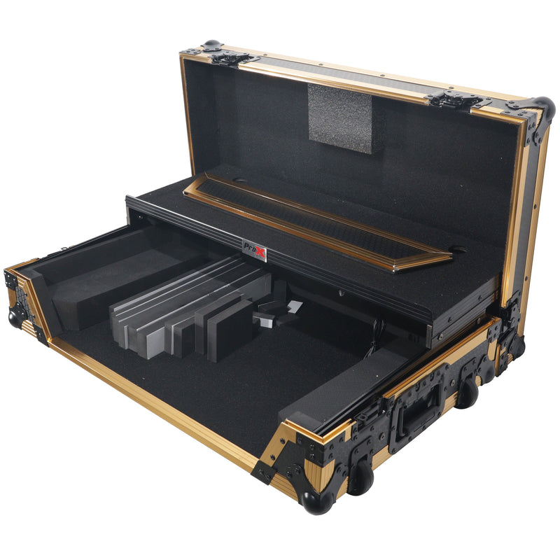 ProX XS-DDJ1000WLTFGLDLED ATA Flight Case for Pioneer DDJ-1000 FLX6 SX3 DJ Controller w/1U Rack Space Laptop Shelf Wheels and LED (Gold Black)