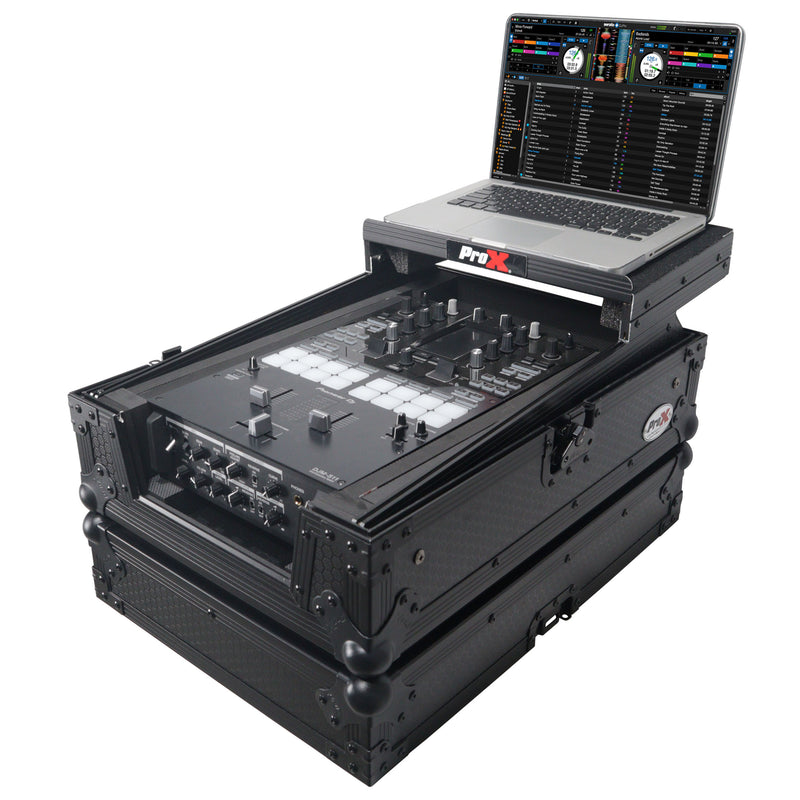ProX XS-M11LTBL compatible avec Pioneer DJM S11/Rane 70/72 MK2 avec étagère pour ordinateur portable (noir sur noir)
