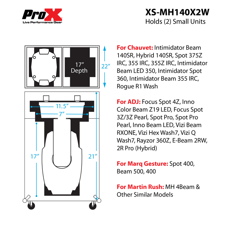 Boîtier d'éclairage à tête mobile ProX XS-MH140X2W pour 2 unités