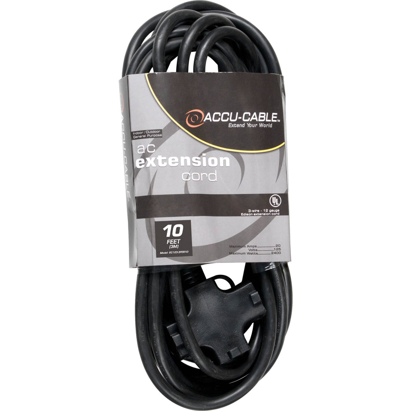 American DJ EC123-3FER10 Accu-Cable 3-Wire Edison AC Extension Cord with Three Plugs 12 AWG (Black) - 10'