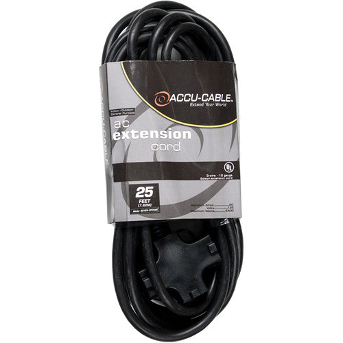 American DJ EC123-25 Accu-Cable 3-Wire Edison AC Extension Cord with Three Plugs 12 AWG (Black) - 25'