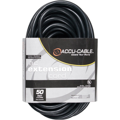 American DJ EC123-50 Accu-Cable 3-Wire Edison AC Extension Cord 12 AWG (Black) - 50'