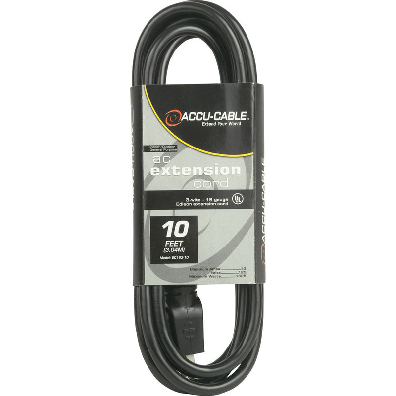 American DJ EC163-10 Accu-Cable 3-Wire Edison AC Extension Cord 16 AWG (Black) - 10'