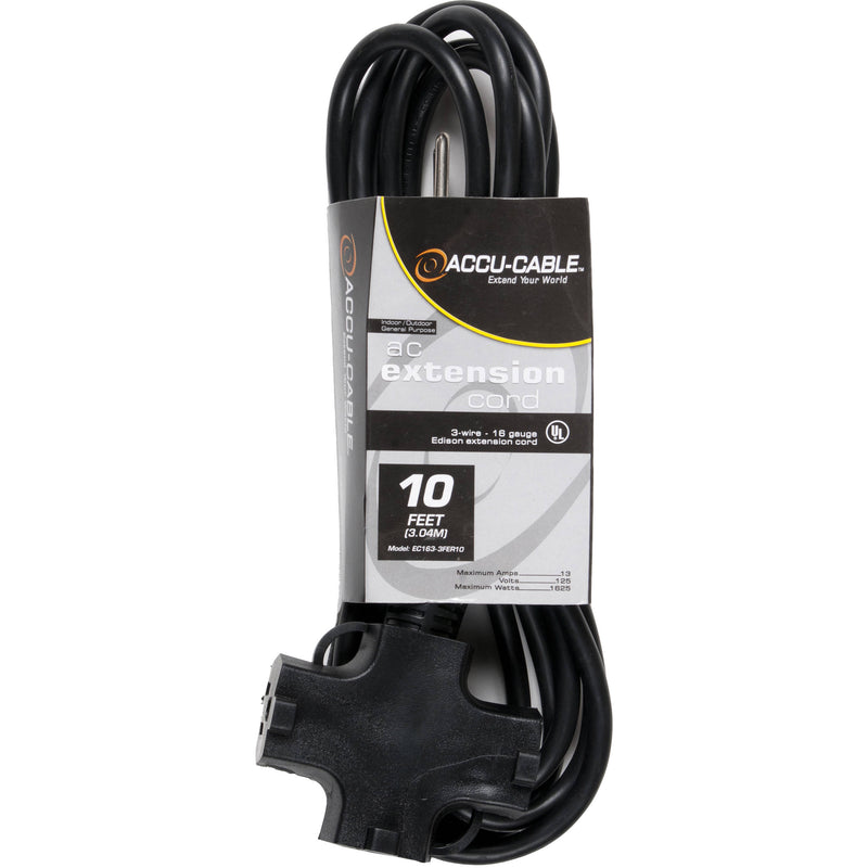 American DJ EC163-3FER10 Accu-Cable AC Extension Cord with Three Outlets 16 AWG (Black) - 10'