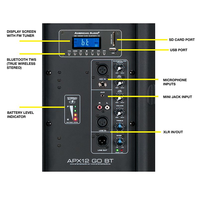 American DJ APX12-GO-BT 200W 12" Haut-parleur Bluetooth actif alimenté par batterie 2 voies