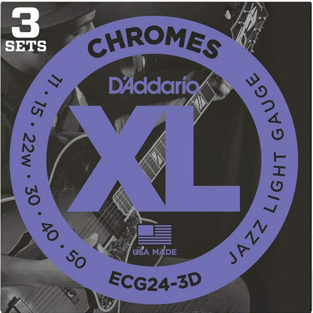 D'Addario ECG24-3D 3 Pack Chromes Flat Wound Electric Guitar Strings Jazz Light 11-50