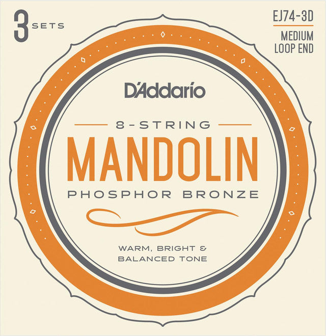 D'Addario EJ74-3D Lot de 3 cordes pour mandoline en bronze phosphoreux avec extrémité en boucle Medium 11-40