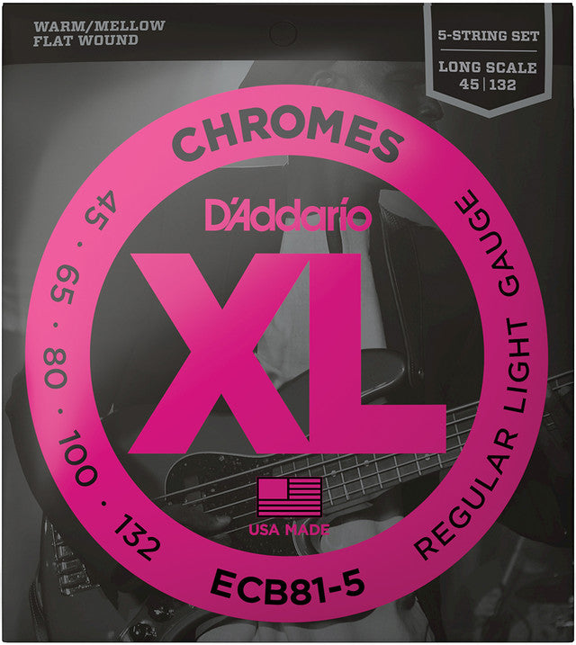 D'Addario ECB81-5 Long Scale Chromes Flat Wound 5-String Electric Bass Strings Regular Light 45-132