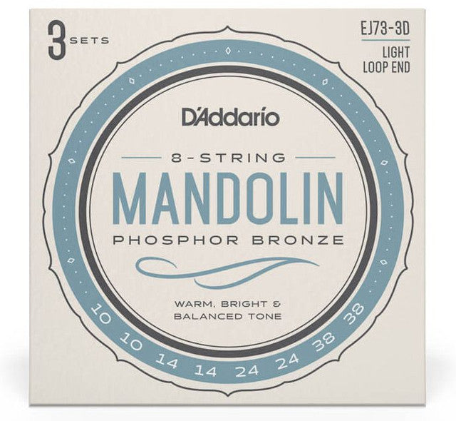 D'Addario EJ73-3D 3-Pack Phosphor Bronze Mandolin Strings Loop End Light 10-38