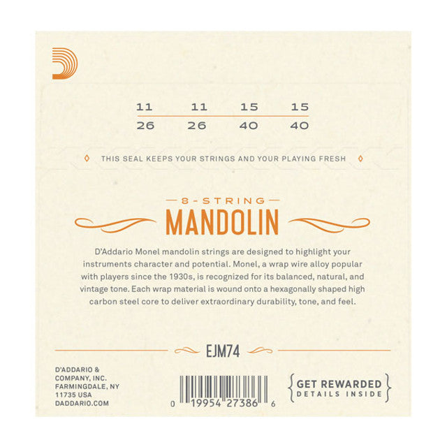D'Addario EJM74 Monel Cordes pour mandoline Medium 11-40