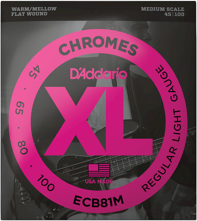 D'Addario ECB81M Medium Scale Chromes Flat Wound Electric Bass Strings Regular Light 45-100
