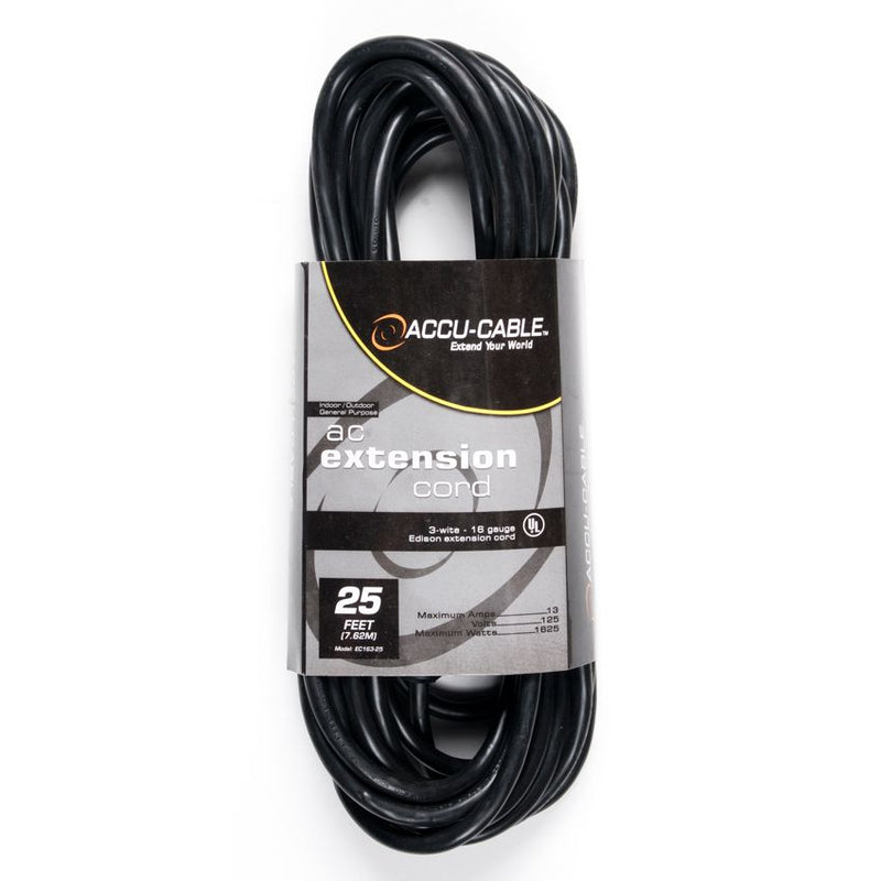 American DJ EC163-25 Accu-Cable 3-Wire Edison AC Extension Cord 16 AWG (Black) - 25'