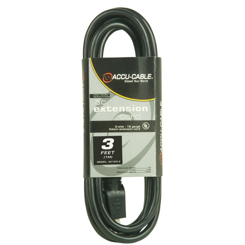 American DJ EC163-3 Accu-Cable 3-Wire Edison AC Extension Cord 16 AWG (Black) - 3'