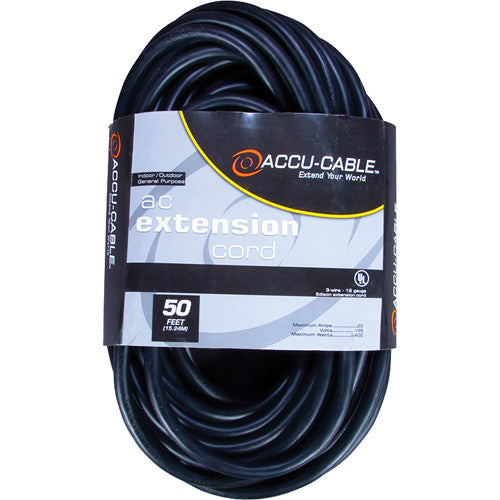 American DJ EC163-50 Accu-Cable 3-Wire Edison AC Extension Cord 16 AWG (Black) - 50'