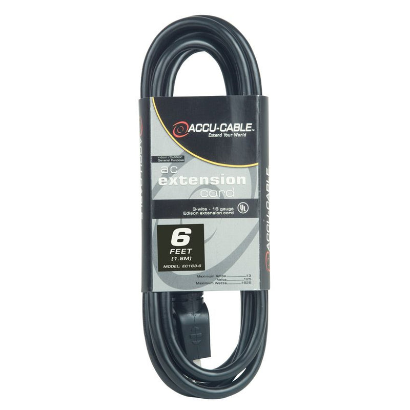 American DJ EC163-6 Accu-Cable 3-Wire Edison AC Extension Cord 16 AWG (Black) - 6'