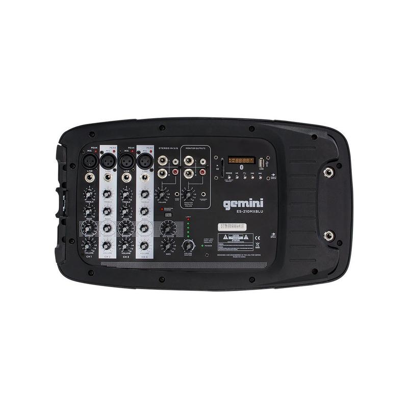 Gemini ES-210MX-BLU Système de sonorisation portable professionnel, comprend 2 haut-parleurs passifs ABS 10" 600 W, mélangeur 8 canaux alimenté avec écho numérique, microphone