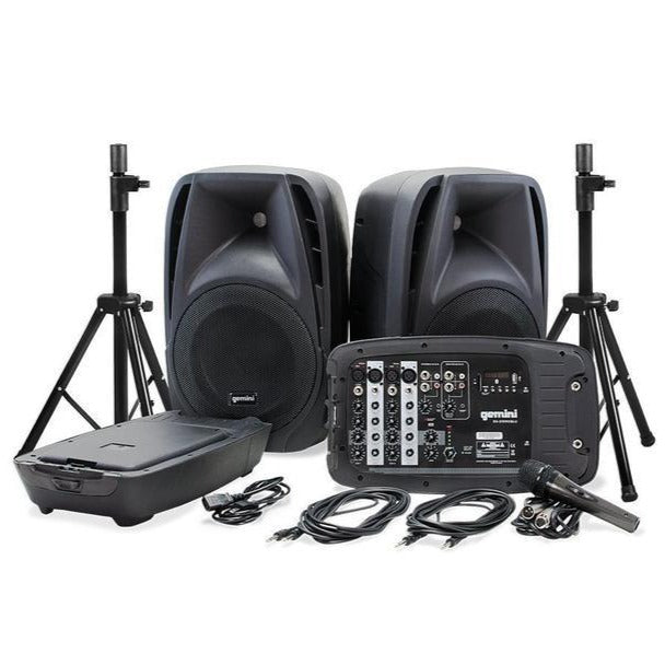 Gemini ES-210MX-BLU-ST Système de sonorisation portable professionnel, comprend 2 haut-parleurs passifs ABS 10" 600 W, mélangeur 8 canaux alimenté, microphone et supports