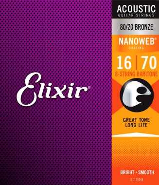 Elixir 11308 Nanoweb enduit 80/20 Bronze guitare baryton acoustique 8 cordes - .016-.070