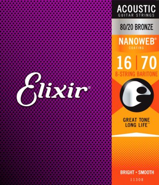 Elixir 11308 Nanoweb Coated 80/20 Bronze Acoustic Baritone Guitar 8 Strings - .016-.070