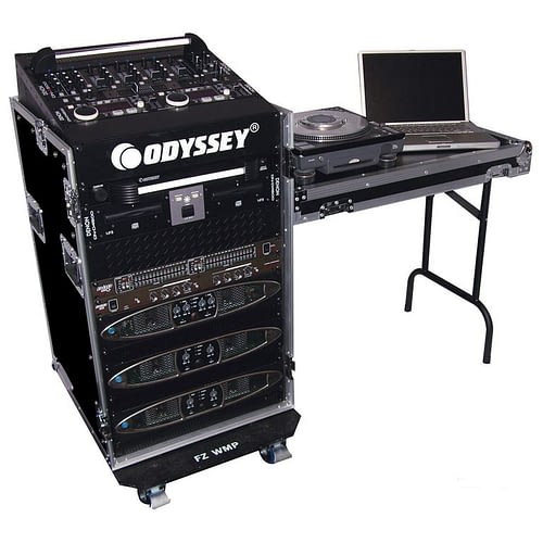 Odyssey FZ1116WDLX - Rack combiné vertical 16U incliné sur le dessus 11U avec table d'appoint et roulettes