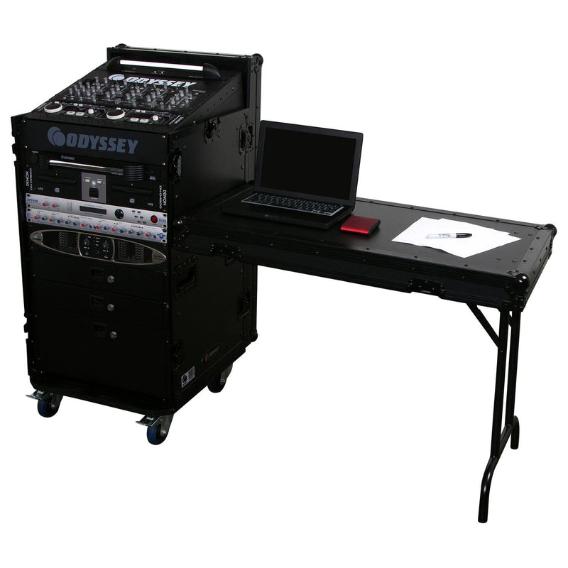 Odyssey FZ1116WDLXBL - Rack combiné vertical 11U incliné 16U noir avec table d'appoint et roulettes