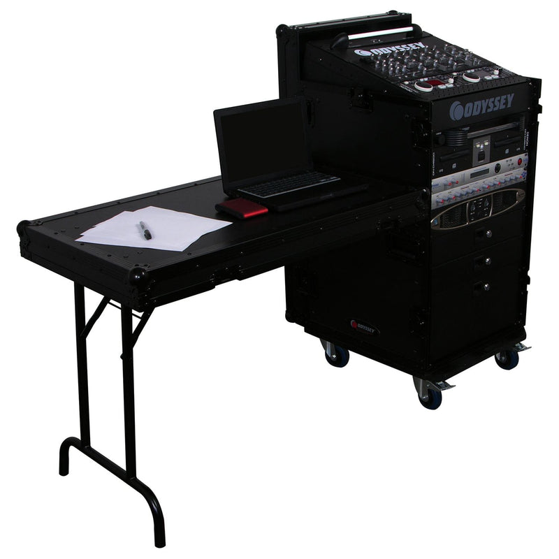 Odyssey FZ1116WDLXBL - Rack combiné vertical 11U incliné 16U noir avec table d'appoint et roulettes